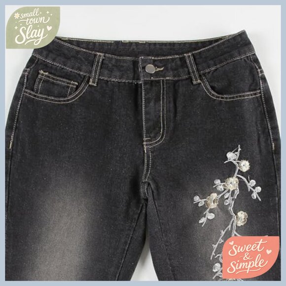 Stretchy Flare Jeans Mid Rise Embroidery Vintage Denim Pants Y2K - Picture 6 of 7